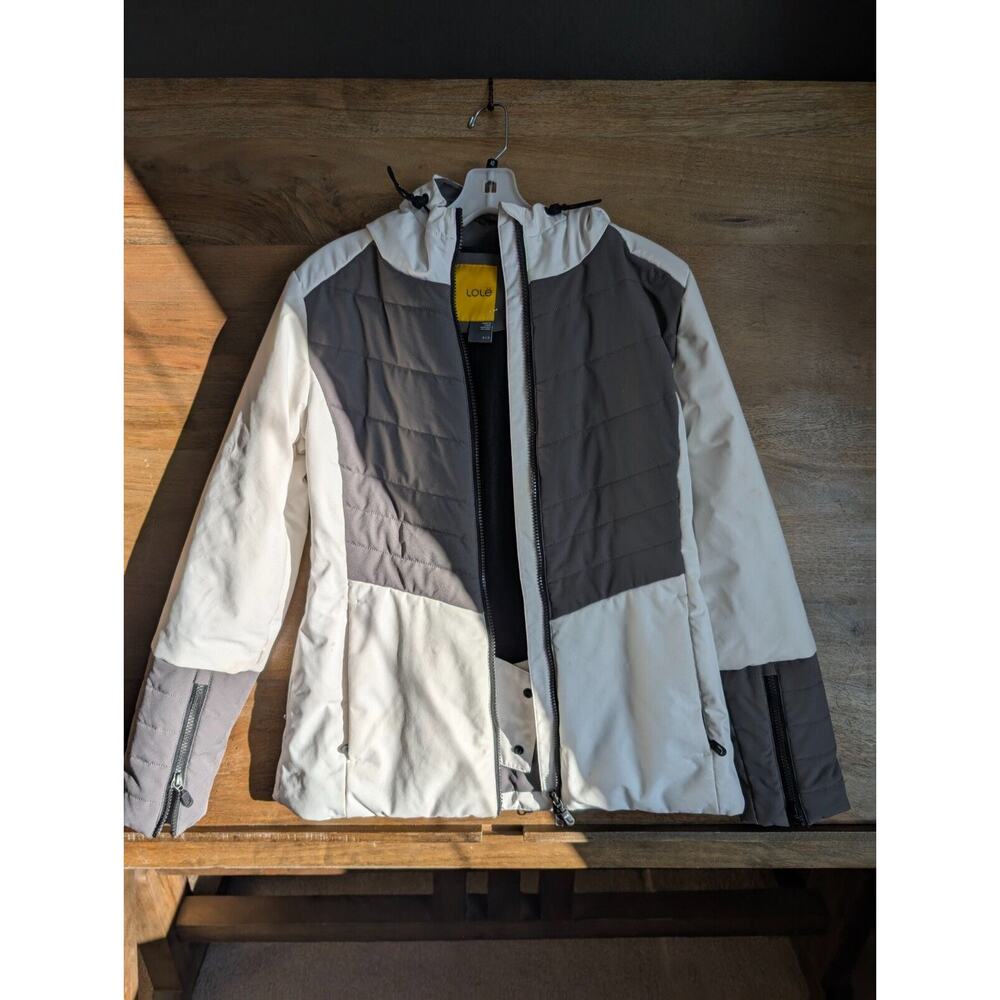 Lole Jacket Women Small White Gray Quilted Thermore Insulated Hooded Full Zipper